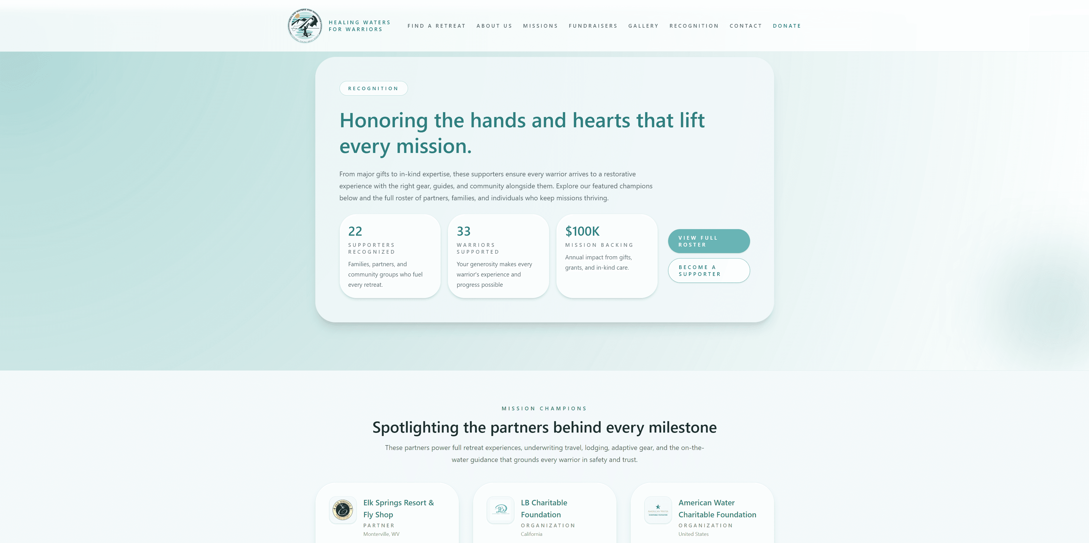 Healing Waters for Warriors website homepage with mission messaging and calls to action